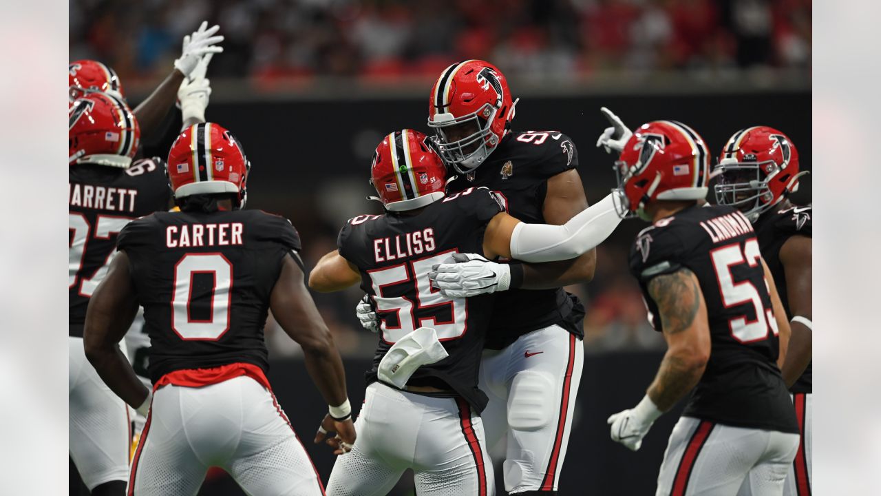 Atlanta Falcons linebacker Kaden Elliss (55) works during the second half  of an NFL football game against the Green Bay Packers, Sunday, Sep. 17,  2023, in Atlanta. The Atlanta Falcons won 25-24. (