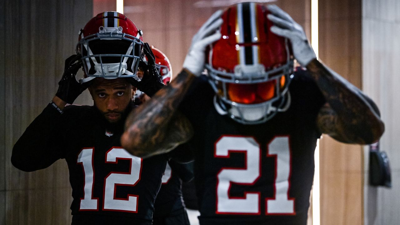 Atlanta Falcons wide receiver KhaDarel Hodge (12) walks off the field after  an NFL football game