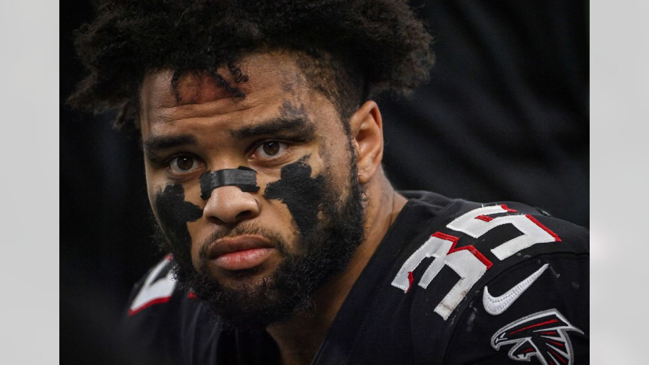 Atlanta Falcons linebacker Daren Bates (53) runs onto the field during an  NFL football game against the Dallas Cowboys, Sunday, Aug 14, 2021, in  Arlington, Texas. Dallas won 43-3. (AP Photo/Brandon Wade