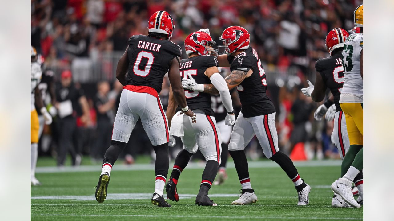 Atlanta Falcons linebacker Kaden Elliss (55) works during the second half  of an NFL football game against the Green Bay Packers, Sunday, Sep. 17,  2023, in Atlanta. The Atlanta Falcons won 25-24. (