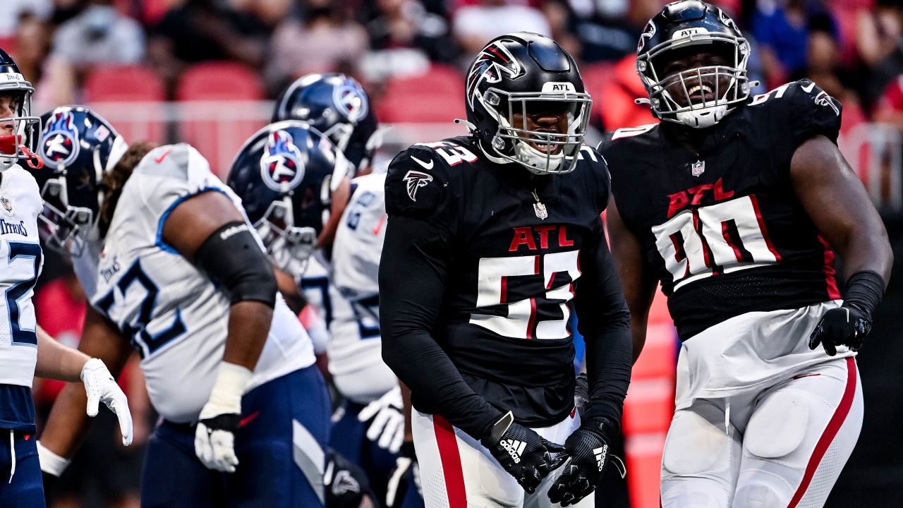 Atlanta Falcons outside linebacker Adetokunbo Ogundeji (92) works during  the second half of an NFL football game against the New England Patriots,  Thursday, Nov. 18, 2021, in Atlanta. The New England Patriots