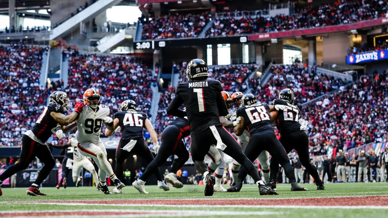 Atlanta Falcons quarterback Marcus Mariota (1) runs the ball during the  first half of an NFL football game against the Cleveland Browns, Sunday,  Oct. 2, 2022, in Atlanta. The Atlanta Falcons won