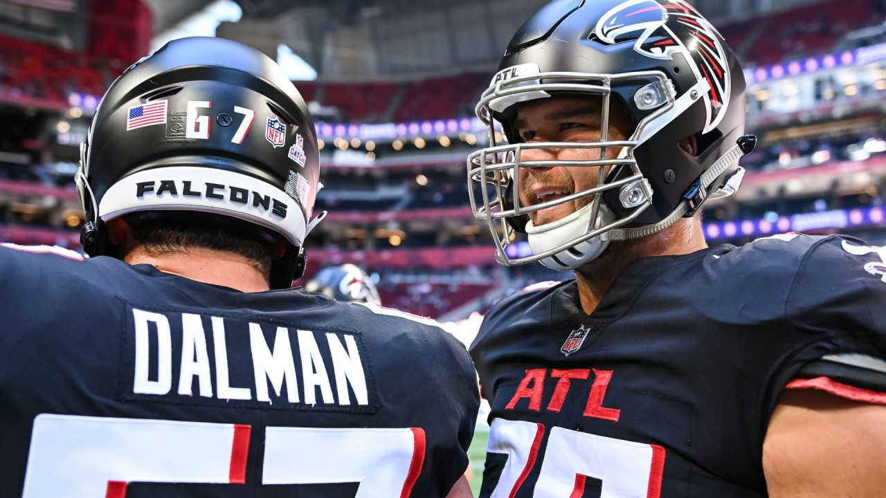 Atlanta Falcons outside linebacker Adetokunbo Ogundeji (92) works during  the second half of an NFL football game against the New England Patriots,  Thursday, Nov. 18, 2021, in Atlanta. The New England Patriots