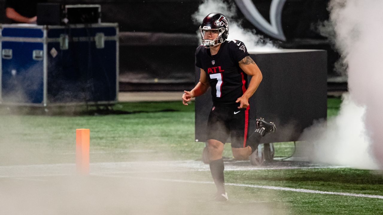 Atlanta Falcons kicker Younghoe Koo #7 during introductions before the game against the Carolina Panthers on October 11, 2020. (Photo by Kyle Hess/Atlanta Falcons)
