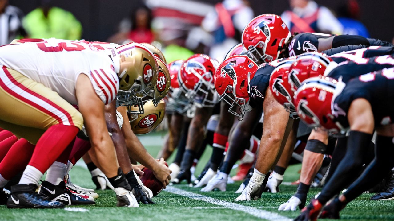 ATLANTA, GA – OCTOBER 16: Atlanta linebacker Quinton Bell (56) prays prior  to the start of the NFL game between the San Francisco 49ers and the  Atlanta Falcons on October 16th, 2022