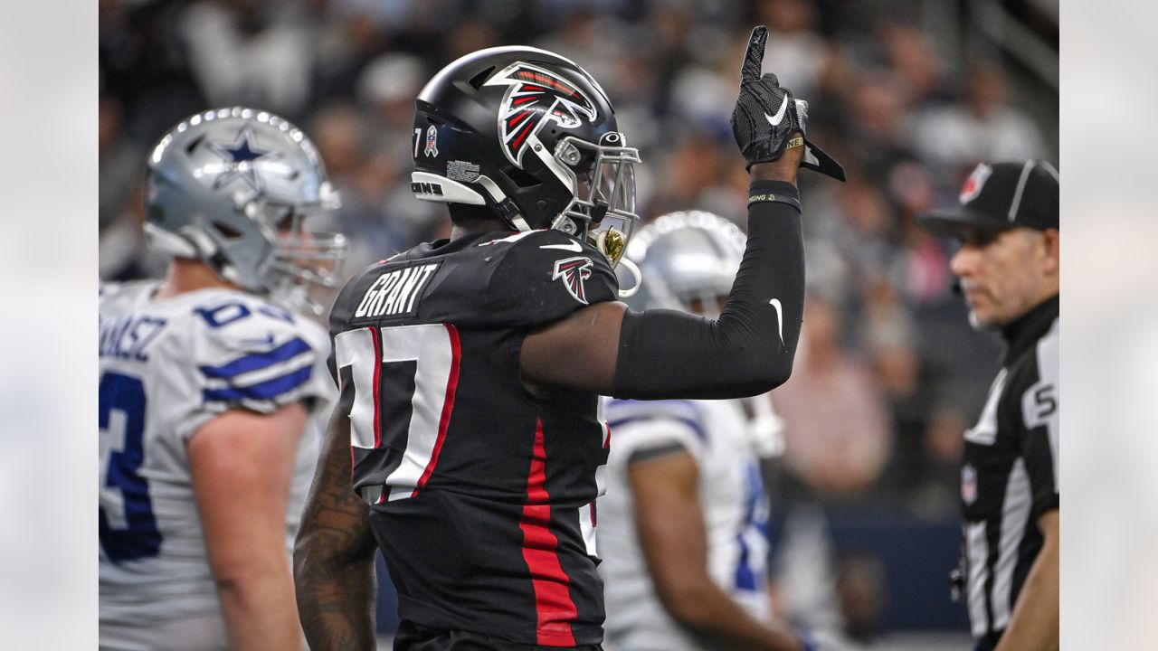 Atlanta Falcons outside linebacker Adetokunbo Ogundeji (92) works during  the second half of an NFL football game against the New England Patriots,  Thursday, Nov. 18, 2021, in Atlanta. The New England Patriots