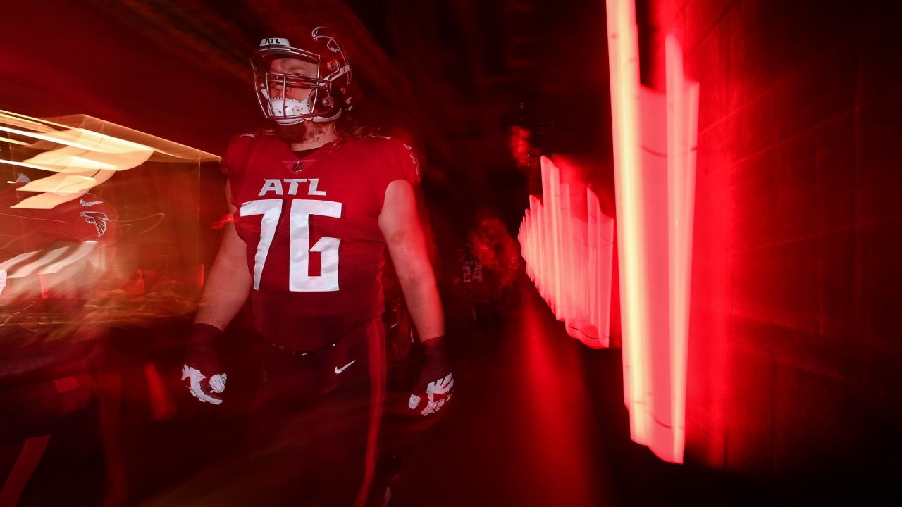 ATLANTA, GA - NOVEMBER 06: An Atlanta Falcons helmet before the Sunday  afternoon NFL game between the Atlanta Falcons and the Los Angeles Chargers  on November 6, 2022 at Mercedes-Benz Stadium in