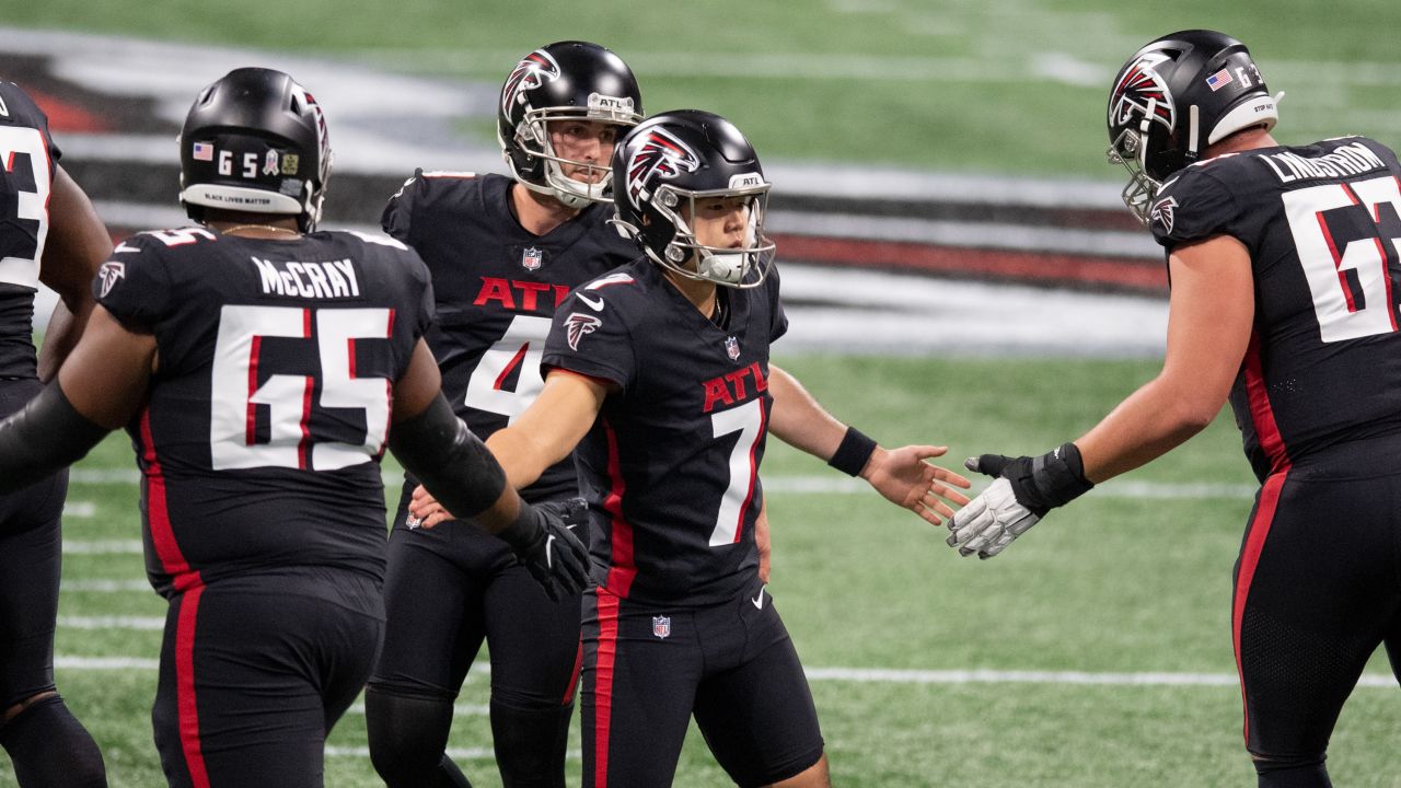 Atlanta Falcons kicker Younghoe Koo (7) lines up during the first half of  an NFL football game against the New Orleans Saints, Sunday, Dec. 6, 2020,  in Atlanta. The New Orleans Saints