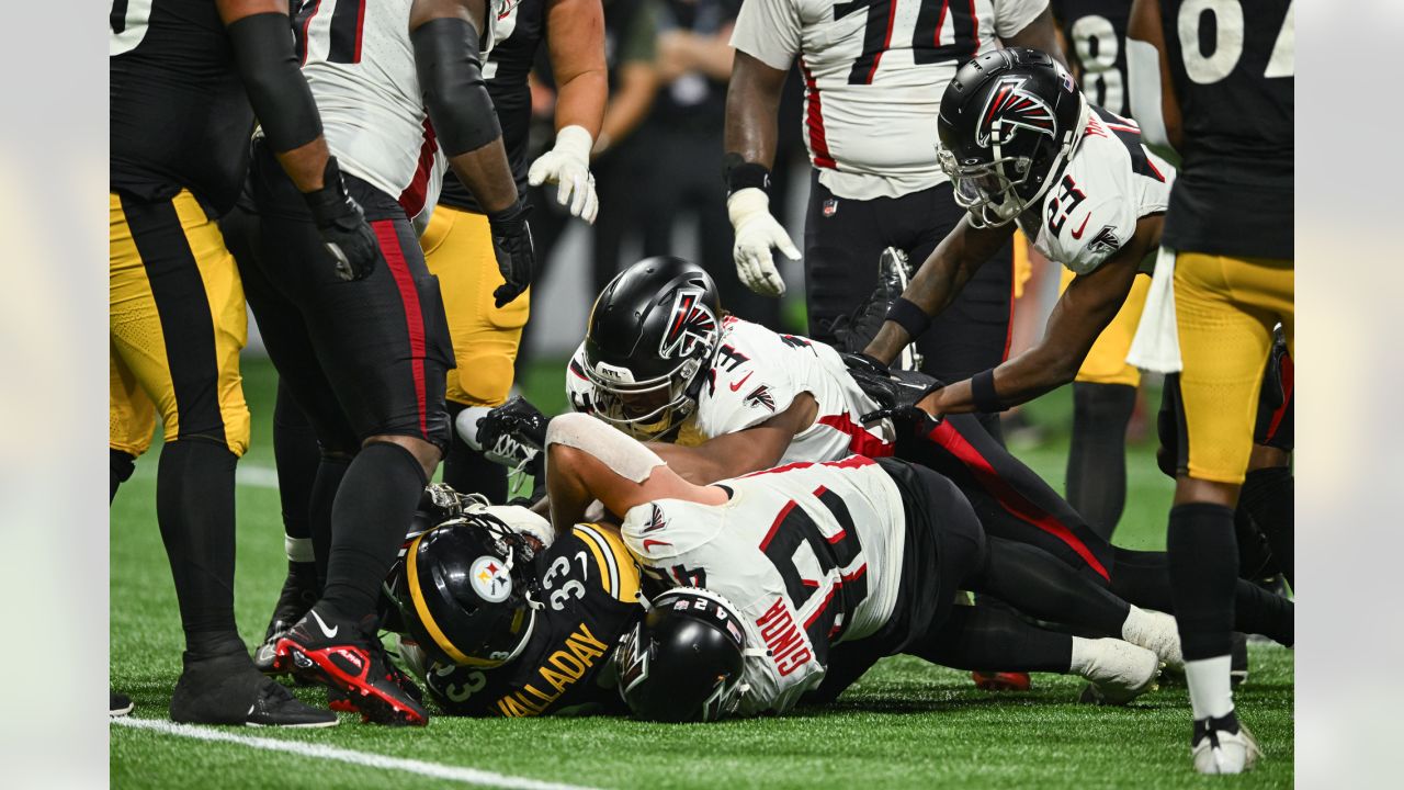 Atlanta Falcons cornerback Clark Phillips III (34) works during the first  half of an NFL preseason football game against the Pittsburgh Steelers,  Thursday, Aug. 24, 2023, in Atlanta. The Pittsburgh Steelers won