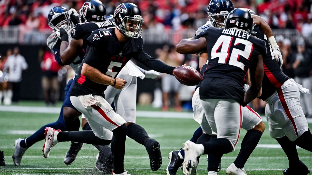 Tennessee Titans tight end Miller Forristall (42) lines up during the  second half of a preseason NFL football game against the Atlanta Falcons,  Friday, Aug. 13, 2021, in Atlanta. The Tennessee Titans