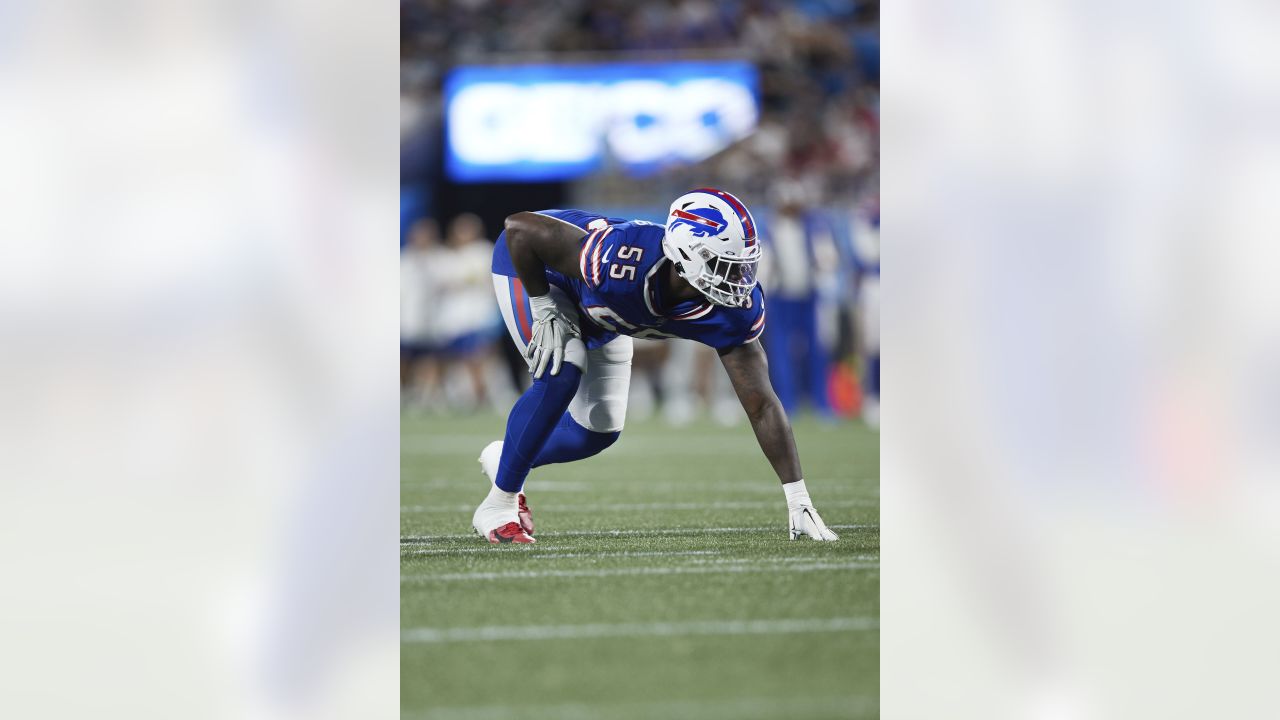 Buffalo Bills defensive end Boogie Basham (55) stands on the sideline  during an NFL preseason football game against the Carolina Panthers,  Saturday, Aug. 26, 2022, in Charlotte, N.C. (AP Photo/Brian Westerholt Stock