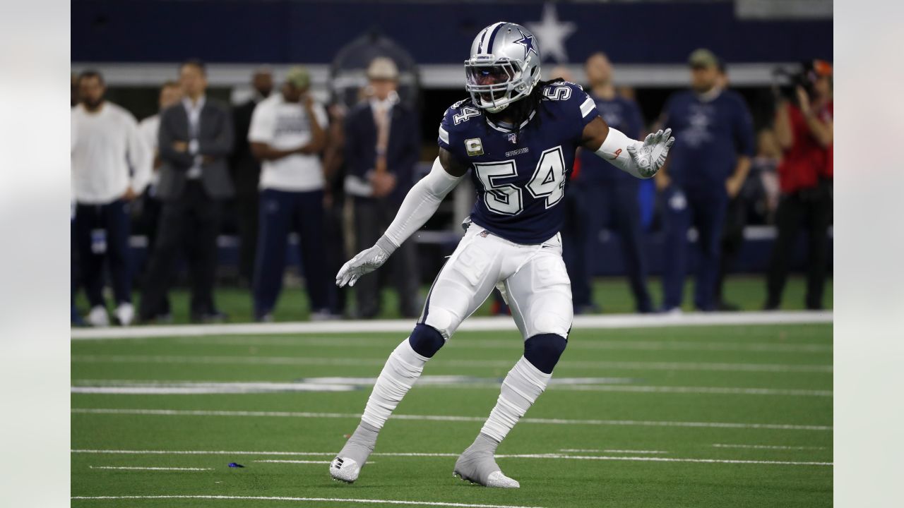 Dallas Cowboys linebacker Jaylon Smith wears custom thigh pads with his  number visible through his pants during the first half of an NFL football  game in Arlington, Texas, Sunday, Sept. 22, 2019. (