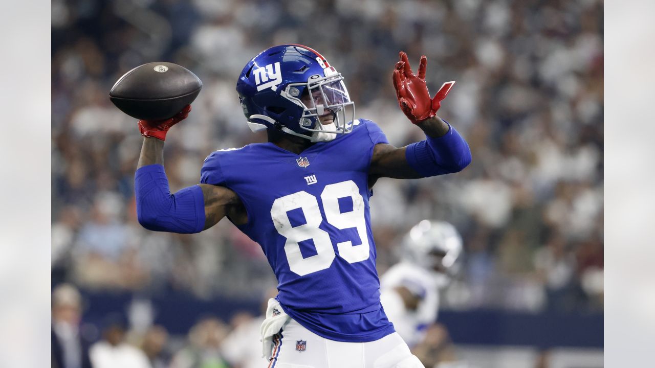 New York Giants wide receiver John Ross (12) fails to keep possesion on a  pass against the Dallas Cowboys during an NFL football game in Arlington,  Texas, Sunday, Oct. 10, 2021. (AP