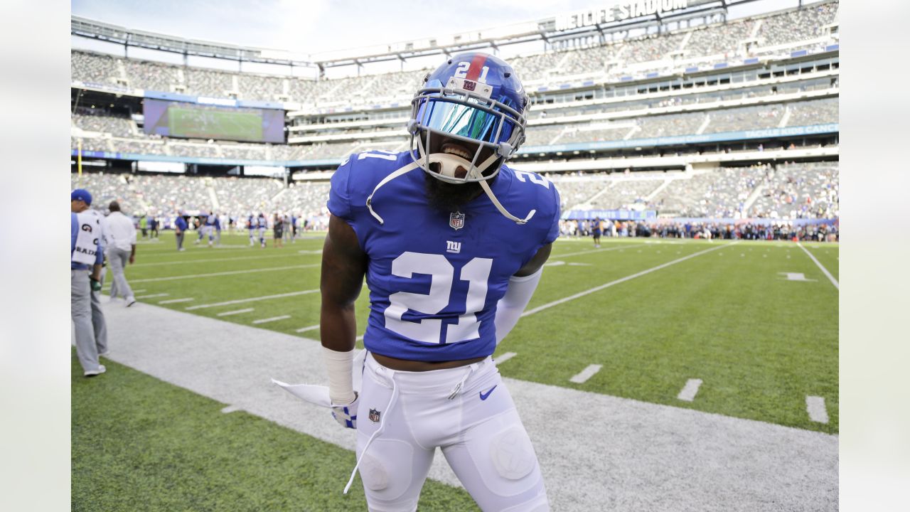 August 26, 2017, New York Giants safety Landon Collins (21) reacts prior to  the NFL game between the New York Jets and the New York Giants at MetLife  Stadium in East Rutherford