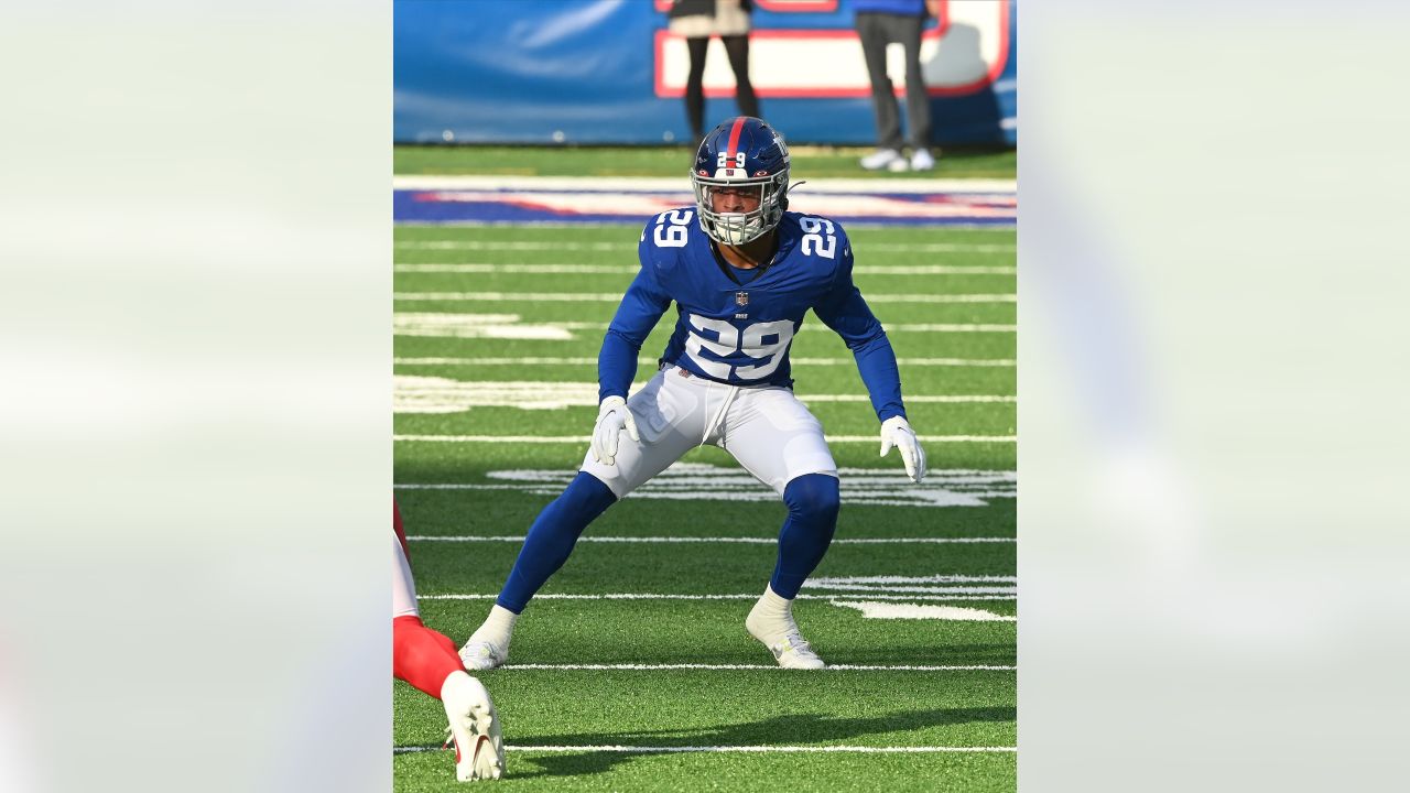 New York Giants safety Xavier McKinney (29) in coverage during an NFL  football game against the