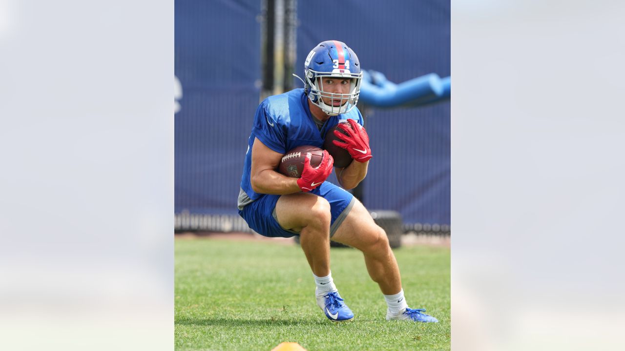 New York Giants running back Sandro Platzgummer (34) reacts after