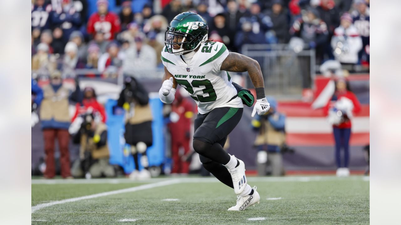 New York Jets running back James Robinson (23) reacts during the first half  of an NFL football game against the New England Patriots, Sunday, Nov. 20,  2022, in Foxborough, Mass. (AP Photo/Greg