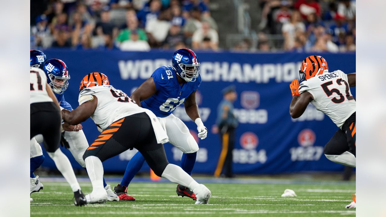 New York Giants offensive tackle Roy Mbaeteka (61) during an NFL preseason  football game against the Cincinnati Bengals, Sunday, Aug. 21, 2022 in East  Rutherford, N.J. The Giants won 25-22. (AP Photo/Vera