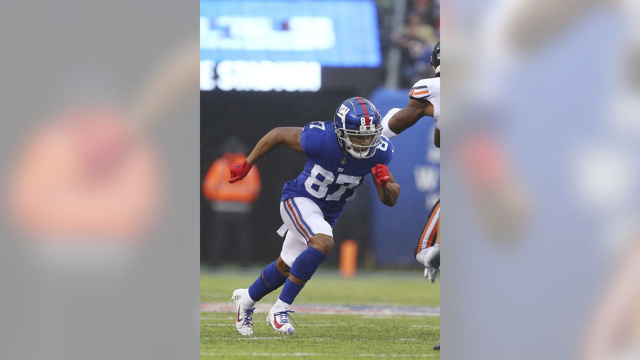 New York Giants wide receiver Sterling Shepard (87) celebrates with his  team after a 3-yard touchdown reception over the Washington Redskins during  the first half of an NFL game at FedEx Field