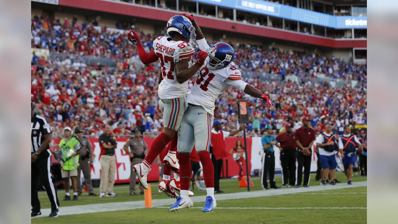 October 8, 2017, New York Giants wide receiver Sterling Shepard (87) reacts  prior to the NFL game between the Los Angeles Chargers and the New York  Giants at MetLife Stadium in East