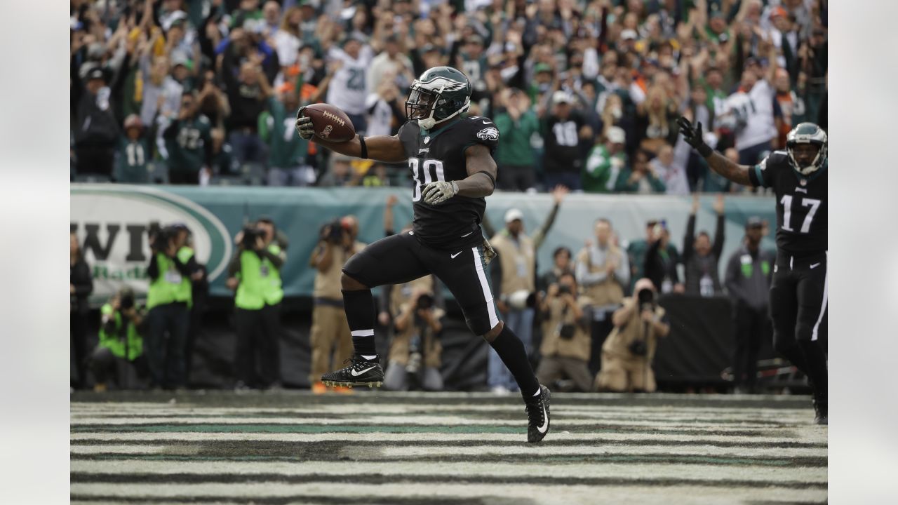 Philadelphia Eagles' Corey Clement celebrates after scoring a