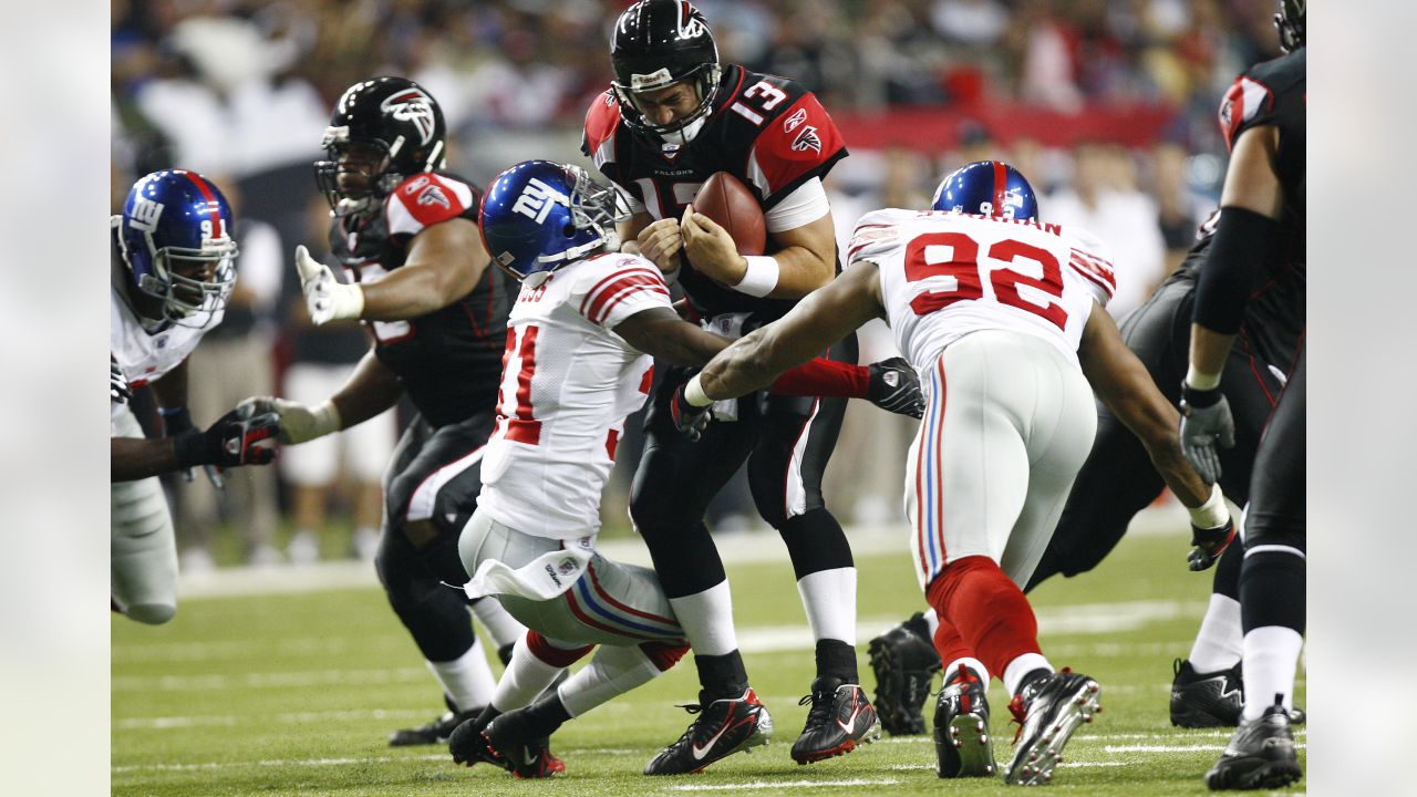 New York Giants tight end Jeremy Shockey looks frustrated on the sidelines.  The Atlanta Falcons defeated the New York Giants 14 to 7 at Giants Stadium  in East Rutherford, New Jersey on