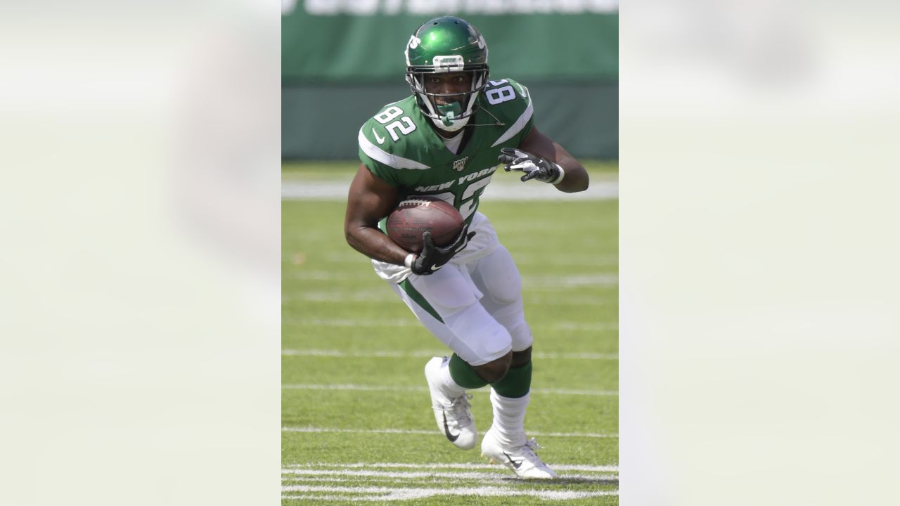 New York Jets' Jamison Crowder (82) is forced out of bounds during the  second half of an NFL football game against the Buffalo Bills Sunday, Sept.  8, 2019, in East Rutherford, N.J. (