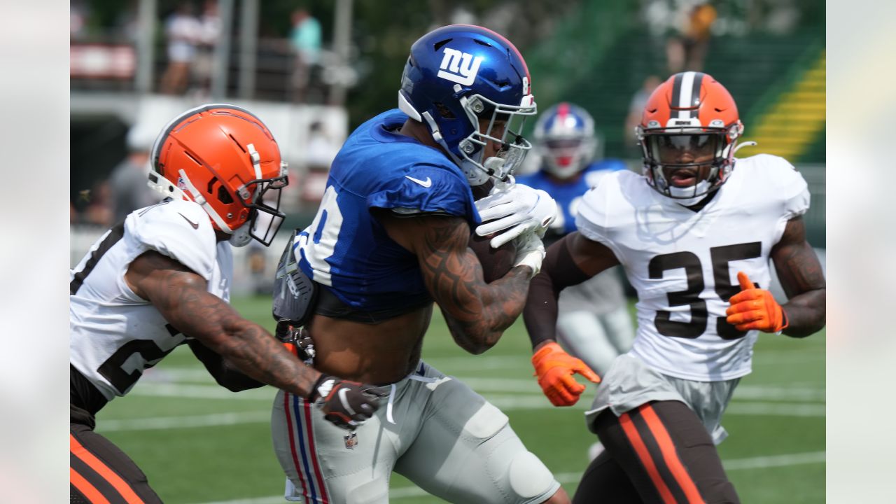 New York Giants wide receiver Kenny Golladay catches a pass during a joint NFL  football training camp practice with the Cleveland Browns Friday, Aug. 20,  2021, in Berea, Ohio. (AP Photo/Ron Schwane