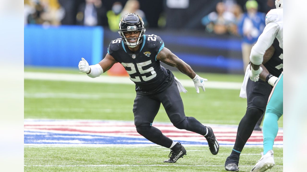 Jacksonville Jaguars free safety Rayshawn Jenkins (2) in coverage during an  NFL football game against the Miami Dolphins at Tottenham Hotspur Stadium  in London, Sunday, Oct. 17, 2021. The Jacksonville Jaguars defeated