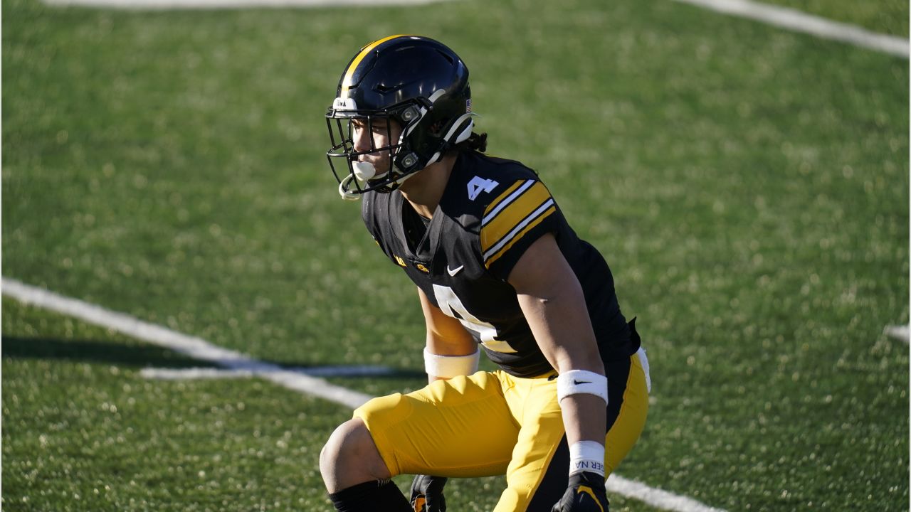 Iowa defensive back Dane Belton (4) gets set for a play during an NCAA  college football game against Kent State, Saturday, Sept. 18, 2021, in Iowa  City, Iowa. (AP Photo/Charlie Neibergall Stock