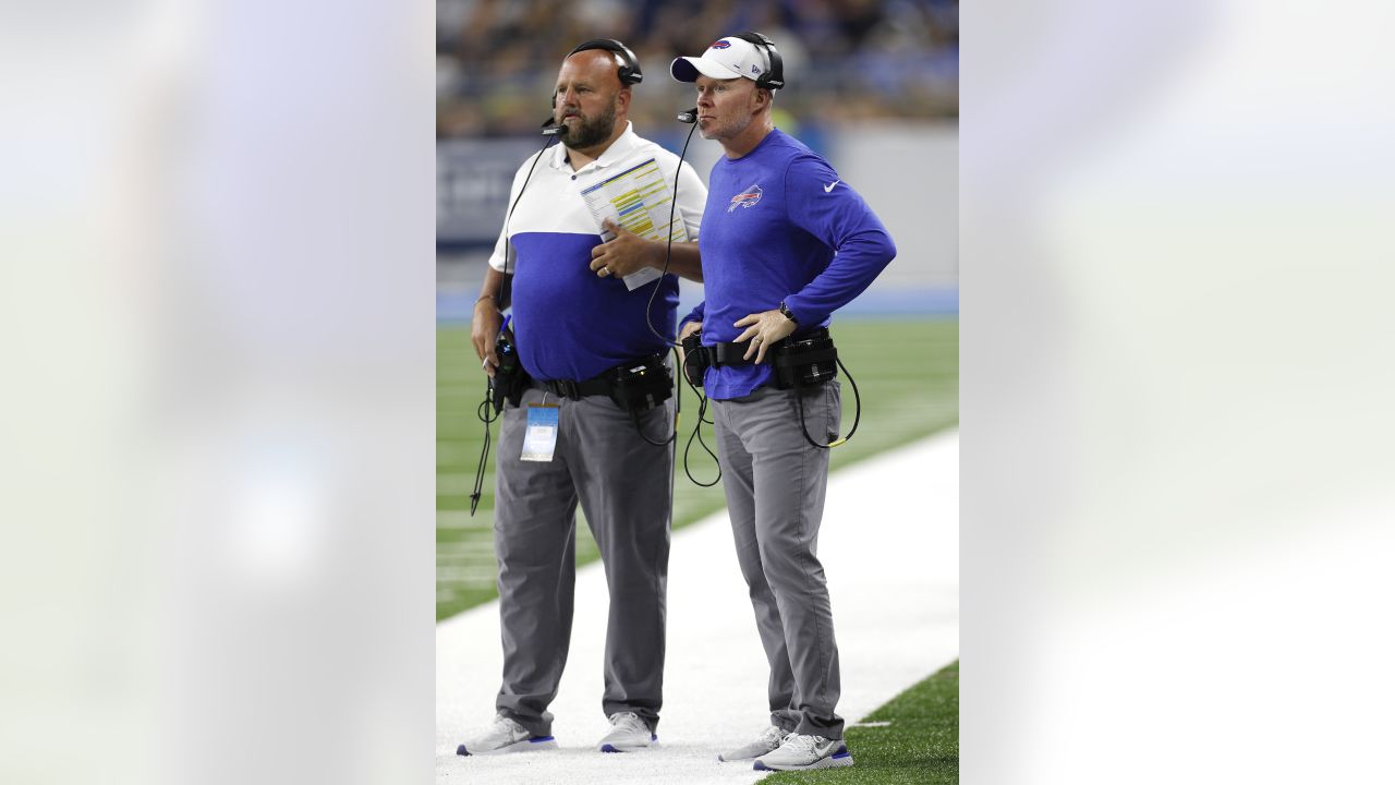 Buffalo Bills head coach Sean McDermott greets tight end Nate