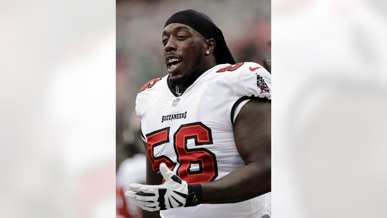 Tampa Bay Buccaneers defensive tackle Rakeem Nunez-Roches (56) warms up  before an NFL football game against the New York Jets, Sunday, Jan. 2,  2022, in East Rutherford, N.J. (AP Photo/Adam Hunger Stock