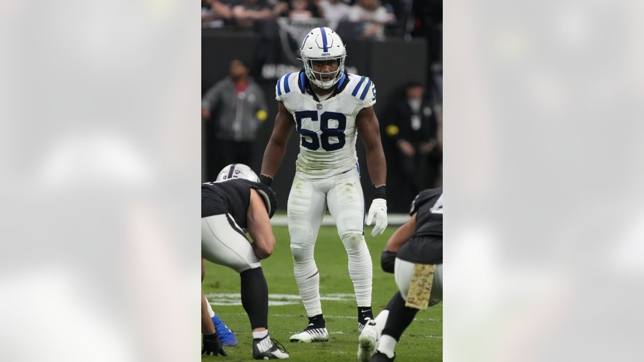 Las Vegas Raiders cornerback Rock Ya-Sin (26) leaves the field against the Indianapolis  Colts during the first half of an NFL football game, Sunday, Nov 13, 2022,  in Las Vegas. (AP Photo/Rick