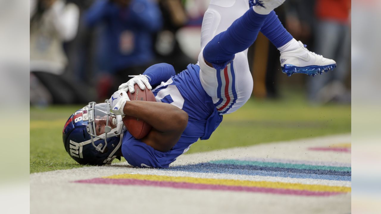 New York Giants wide receiver Sterling Shepard (87) celebrates with his  team after a 3-yard touchdown reception over the Washington Redskins during  the first half of an NFL game at FedEx Field