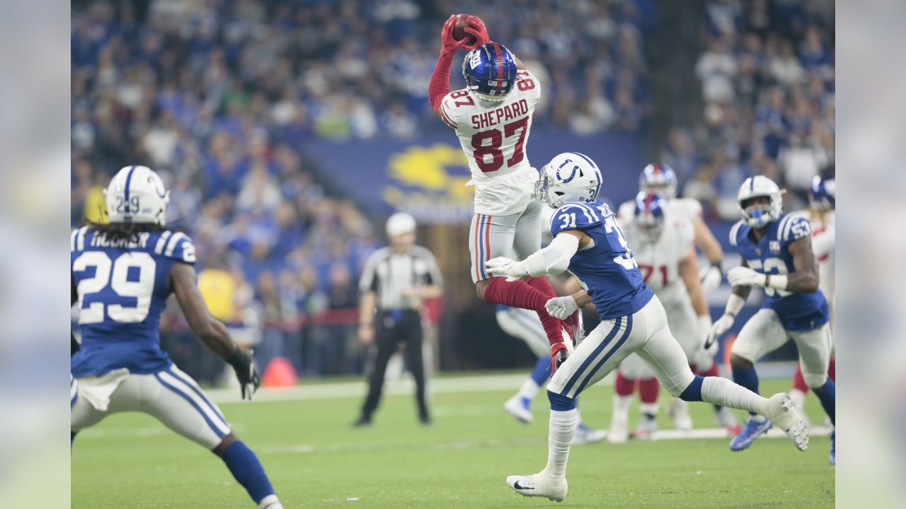 New York Giants wide receiver Sterling Shepard (87) celebrates with his  team after a 3-yard touchdown reception over the Washington Redskins during  the first half of an NFL game at FedEx Field