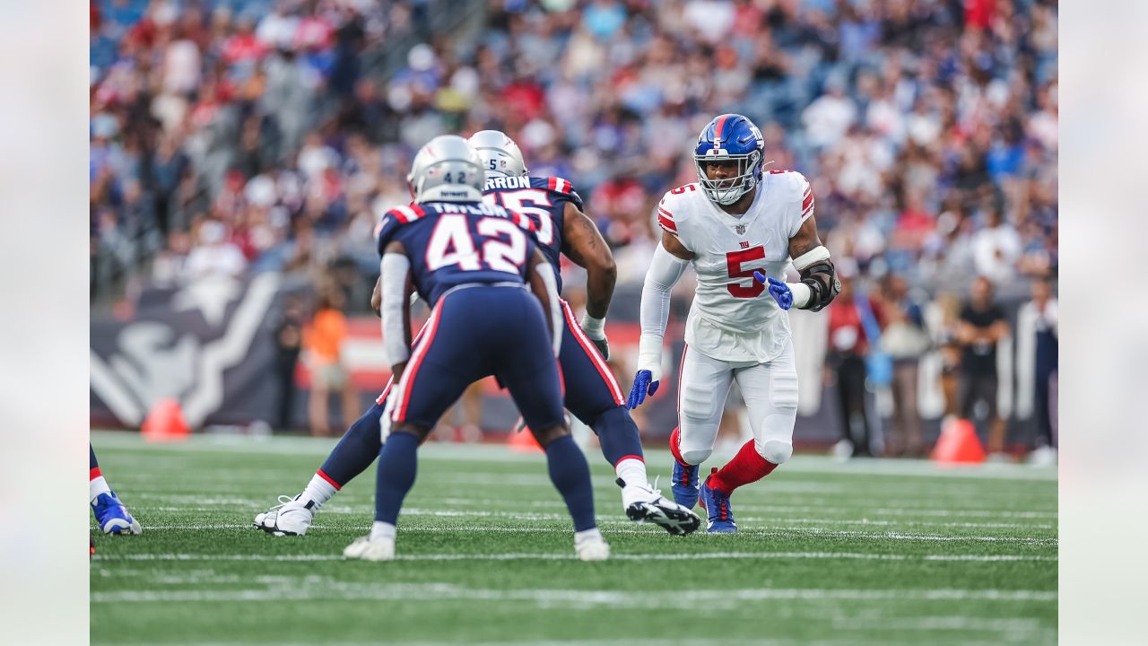 New York Giants wide receiver Collin Johnson celebrates after a catch  during an NFL preseason football game against the New England Patriots at  Gillette Stadium, Thursday, Aug. 11, 2022 in Foxborough, Mass. (