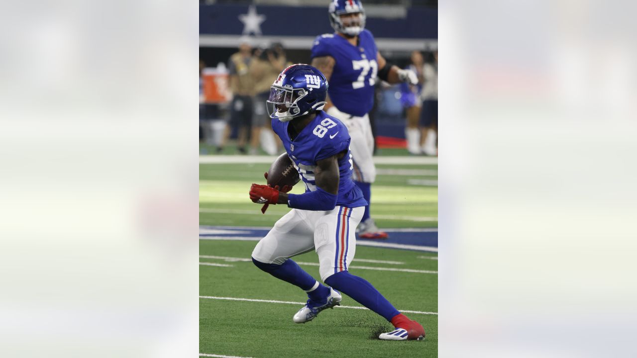 New York Giants linebacker Oshane Ximines (53) walks off the field as the  played the Dallas Cowboys during an NFL football game in Arlington, Texas,  Sunday, Oct. 10, 2021. (AP Photo/Michael Ainsworth