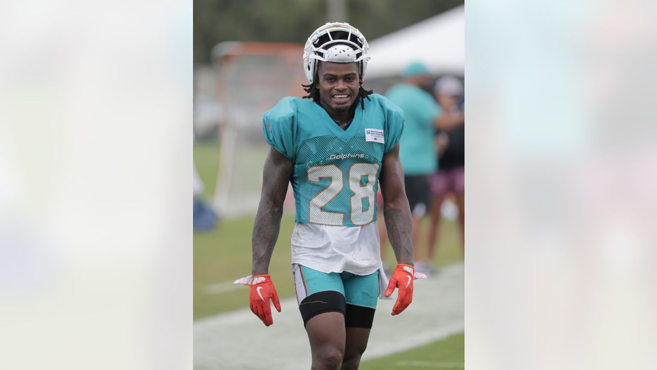 Miami Dolphins cornerback (28) Bobby McCain reacts on the field in