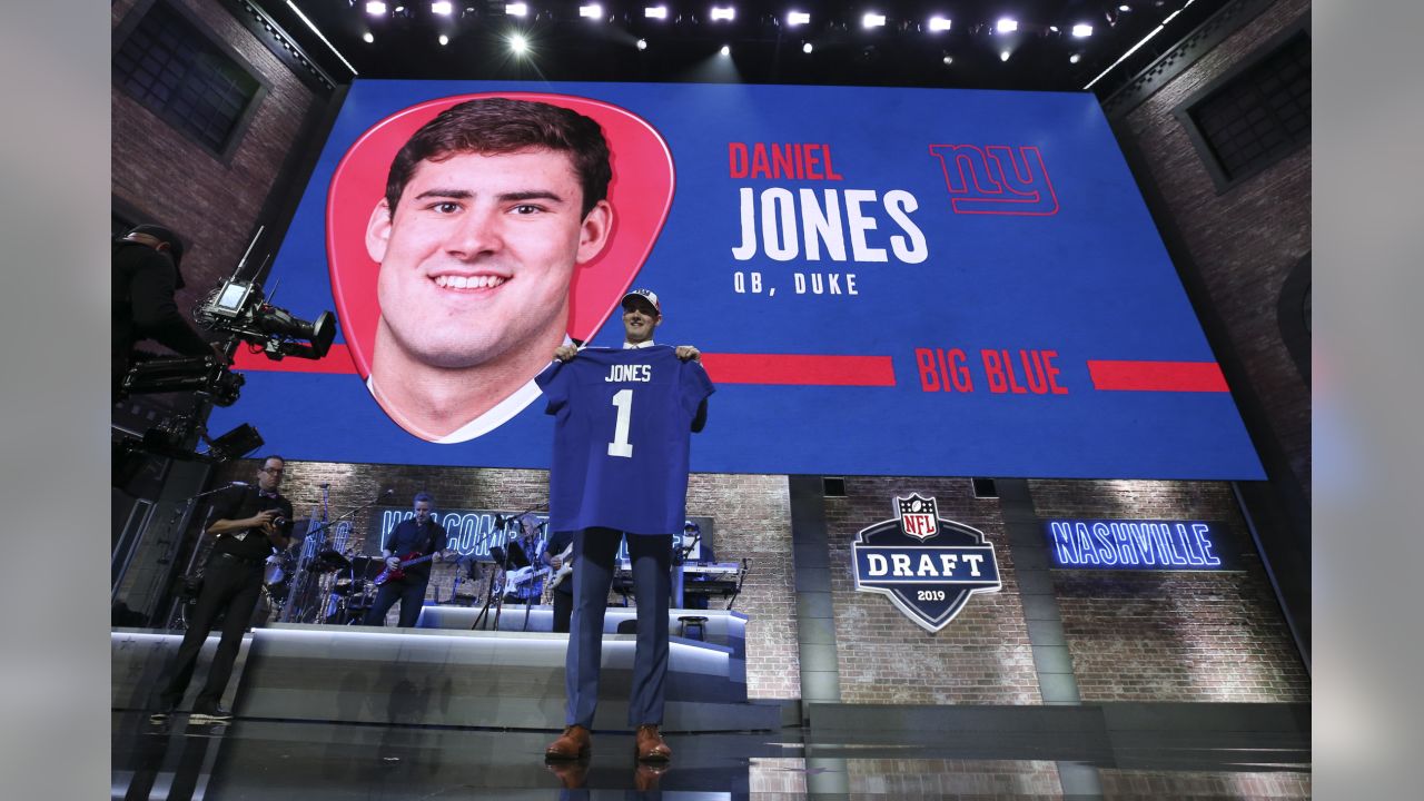 Duke quarterback Daniel Jones poses after the New York Giants selected Jones in the first round during the 2019 NFL Draft on Thursday, April 25, 2019 in Nashville, Tenn. (Perry Knotts/NFL)