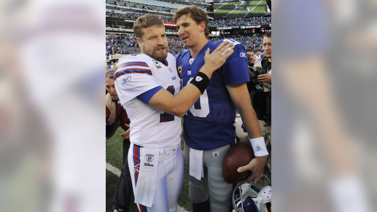 New York Giants quarterback Eli Manning smiles at the end of the game  against the Buffalo Bills at MetLife Stadium in East Rutherford, New  Jersey, Sunday, October 16, 2011. The Giant defeated