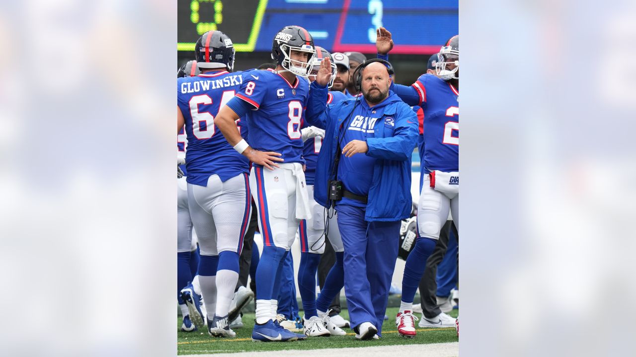 New York Giants defensive line coach talks with players on the sideline  Jerome Henderson during an NFL football game against the Jacksonville  Jaguars on Sunday, Oct. 23, 2022, in Jacksonville, Fla. (AP