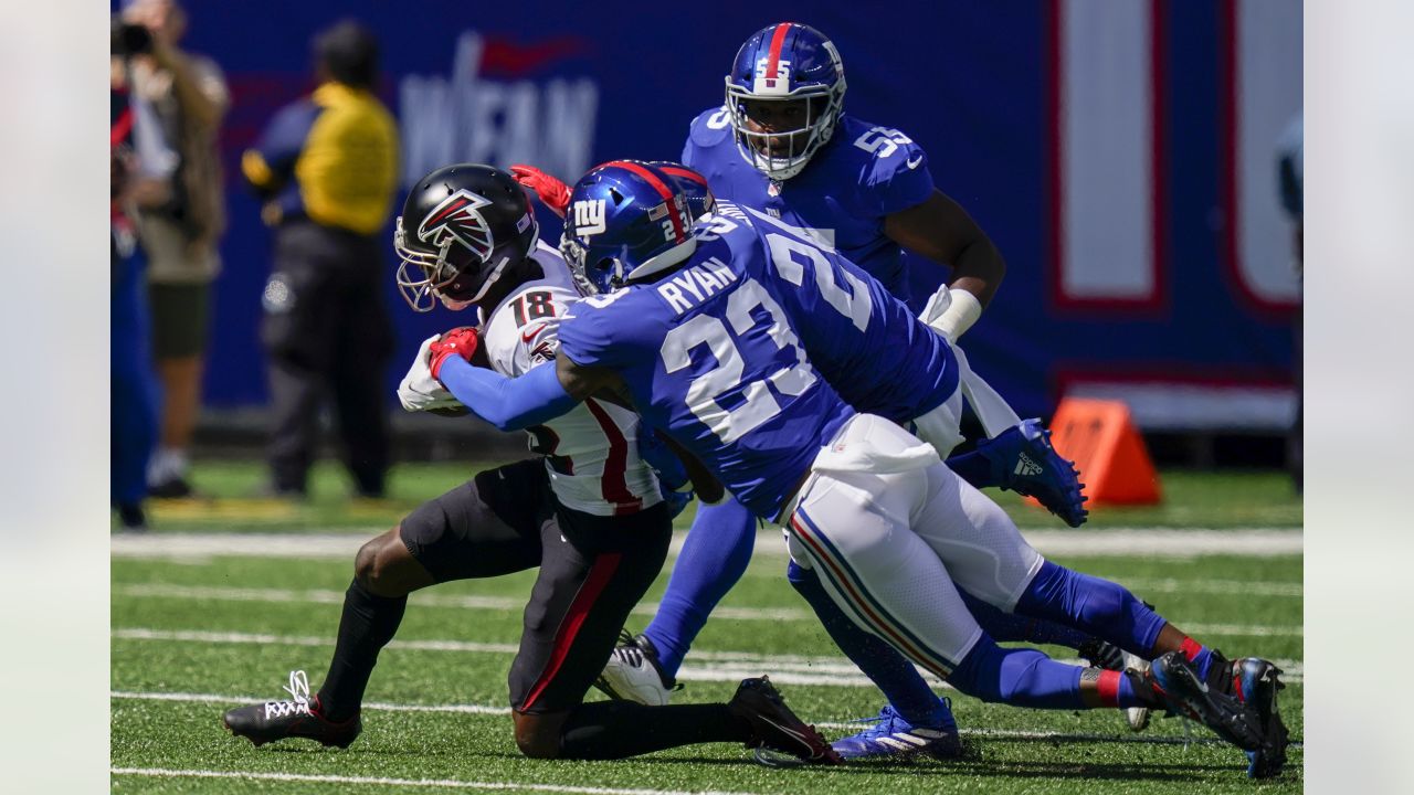 Atlanta Falcons running back Cordarrelle Patterson, below, is tackled by  New York Giants safety Xavier McKinney (29) during the first half of an NFL  football game, Sunday, Sept. 26, 2021, in East