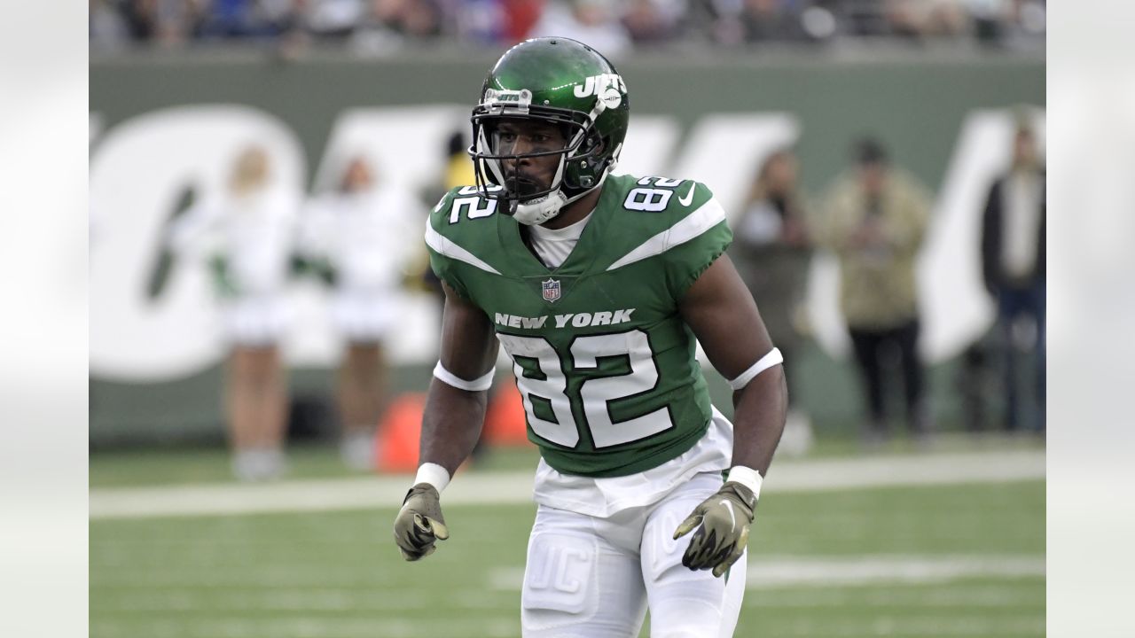 New York Jets' Jamison Crowder (82) is forced out of bounds during the  second half of an NFL football game against the Buffalo Bills Sunday, Sept.  8, 2019, in East Rutherford, N.J. (