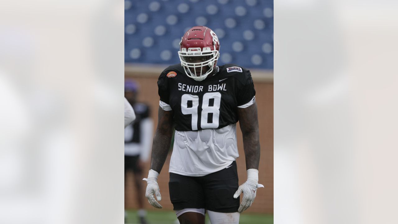 American Team defensive lineman Kingsley Enagbare of South Carolina runs  through drills during practice for the Senior Bowl NCAA college football  game Wednesday, Feb. 2, 2022, in Mobile, Ala. (AP Photo/Butch Dill