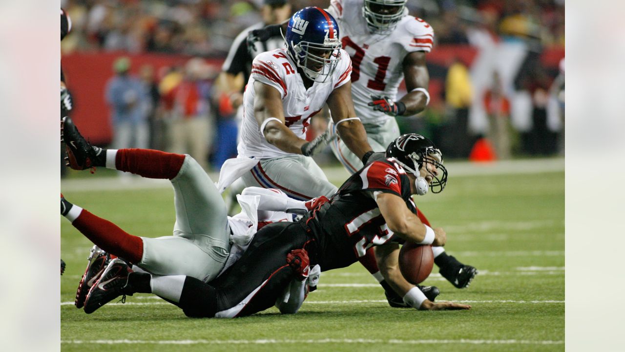 New York Giants wide receiver Odell Beckham, left, holds the jersey of  Atlanta Falcons linebacker Duke Riley after an NFL football game, Monday,  Oct. 22, 2018, in Atlanta. The Atlanta Falcons won