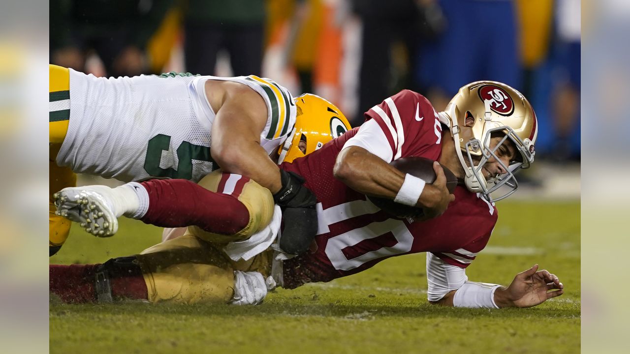 Arizona Cardinals middle linebacker Jordan Hicks, right, sacks San  Francisco 49ers quarterback Jimmy Garoppolo during the first half of an NFL  football game in Santa Clara, Calif., Sunday, Nov. 17, 2019. (AP