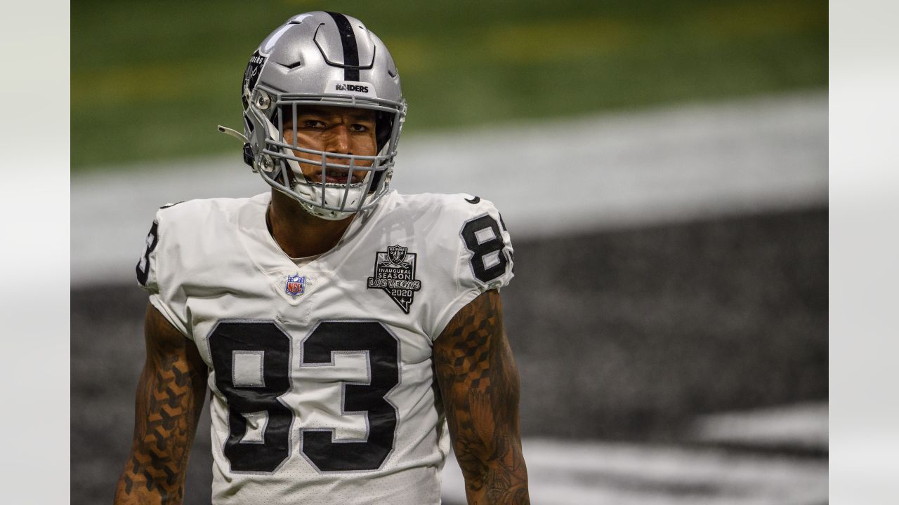 Tight end (83) Darren Waller of the Las Vegas Raiders warms up