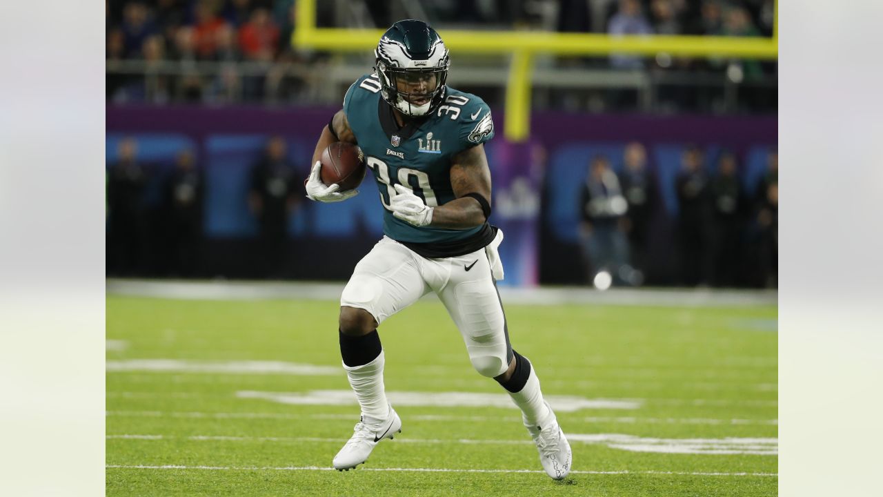 Philadelphia Eagles' Corey Clement celebrates after scoring a