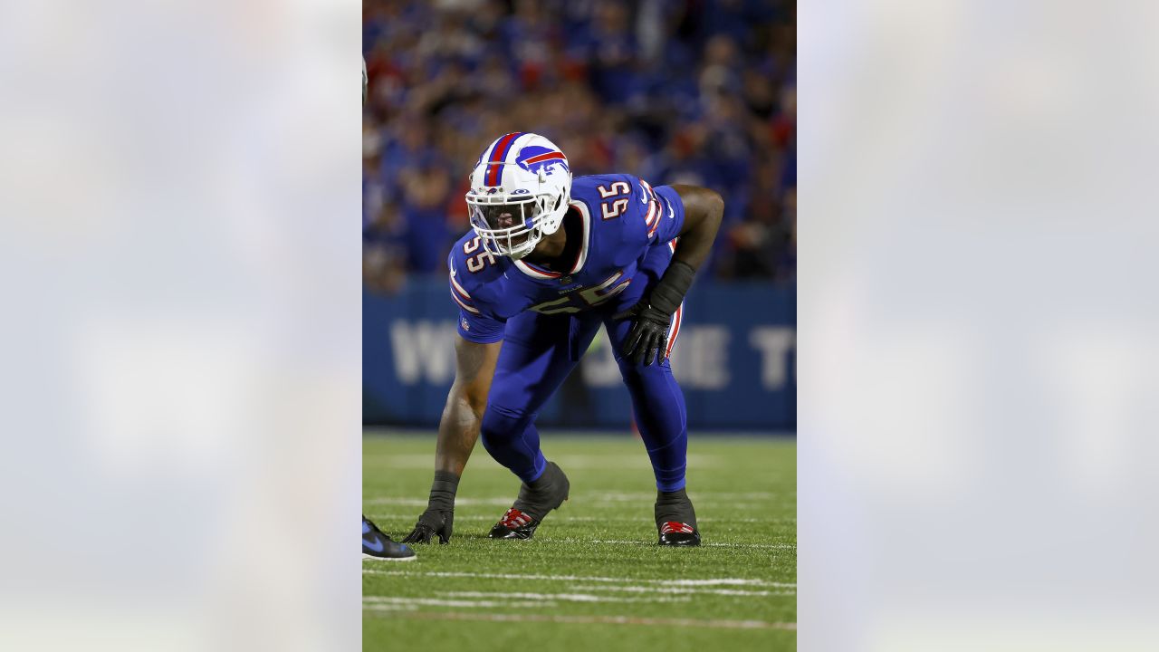 Buffalo Bills defensive end Boogie Basham (55) lines up for a play against  the Green Bay Packers during the first half of an NFL football game,  Sunday, Oct. 30, 2022, in Buffalo