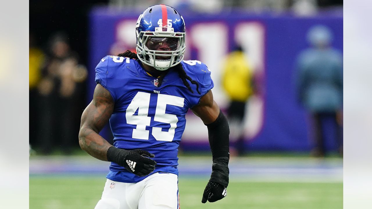 New York Giants fullback Elijhaa Penny (39) and defensive back Steven  Parker (38) react after a defensive play against the Washington Football  Team during the first quarter of an NFL football game, Sunday, Jan. 9,  2022, in East Rutherford, N.J. (AP Pho